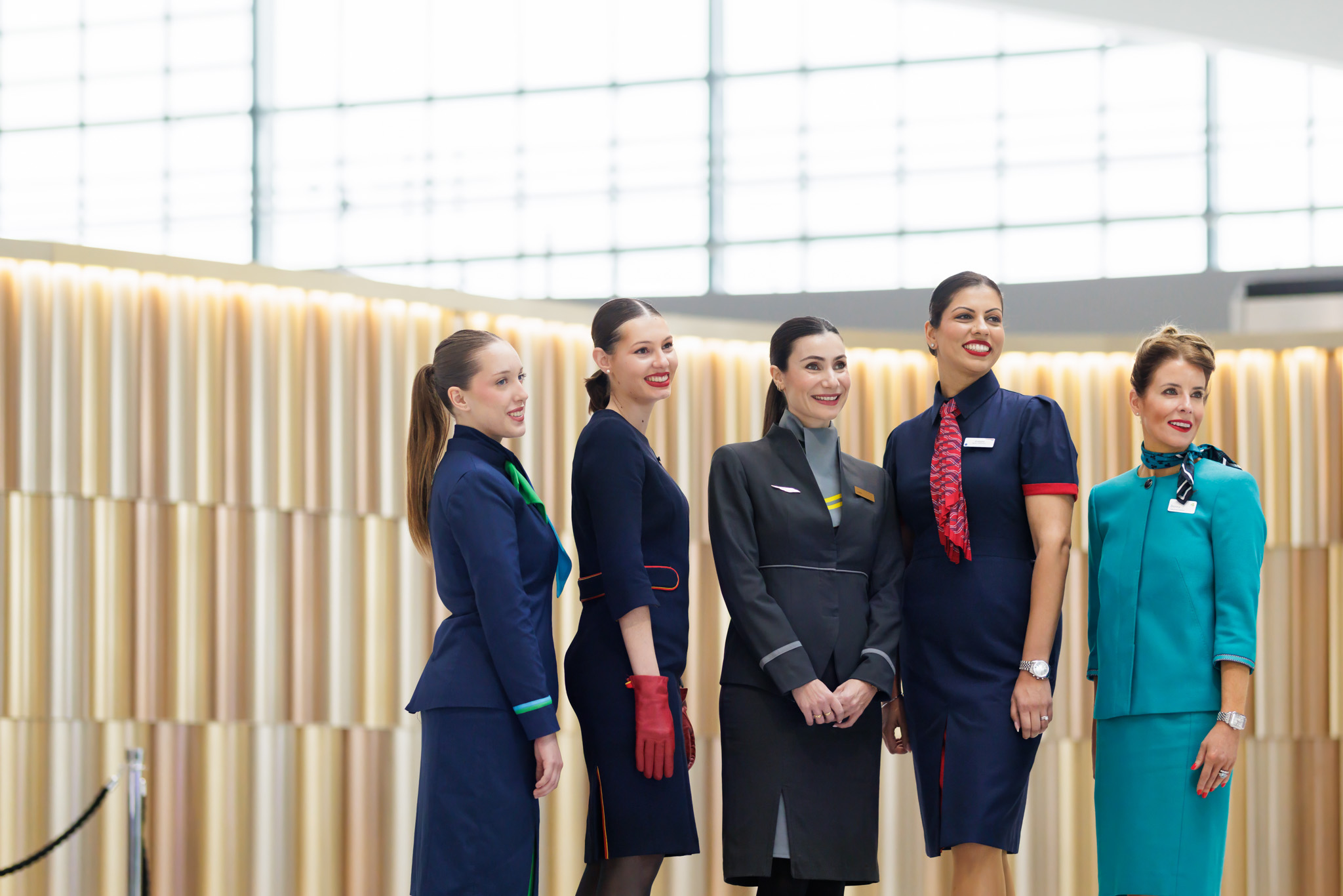 Cabin crew from all airlines posing at Heathrow T5