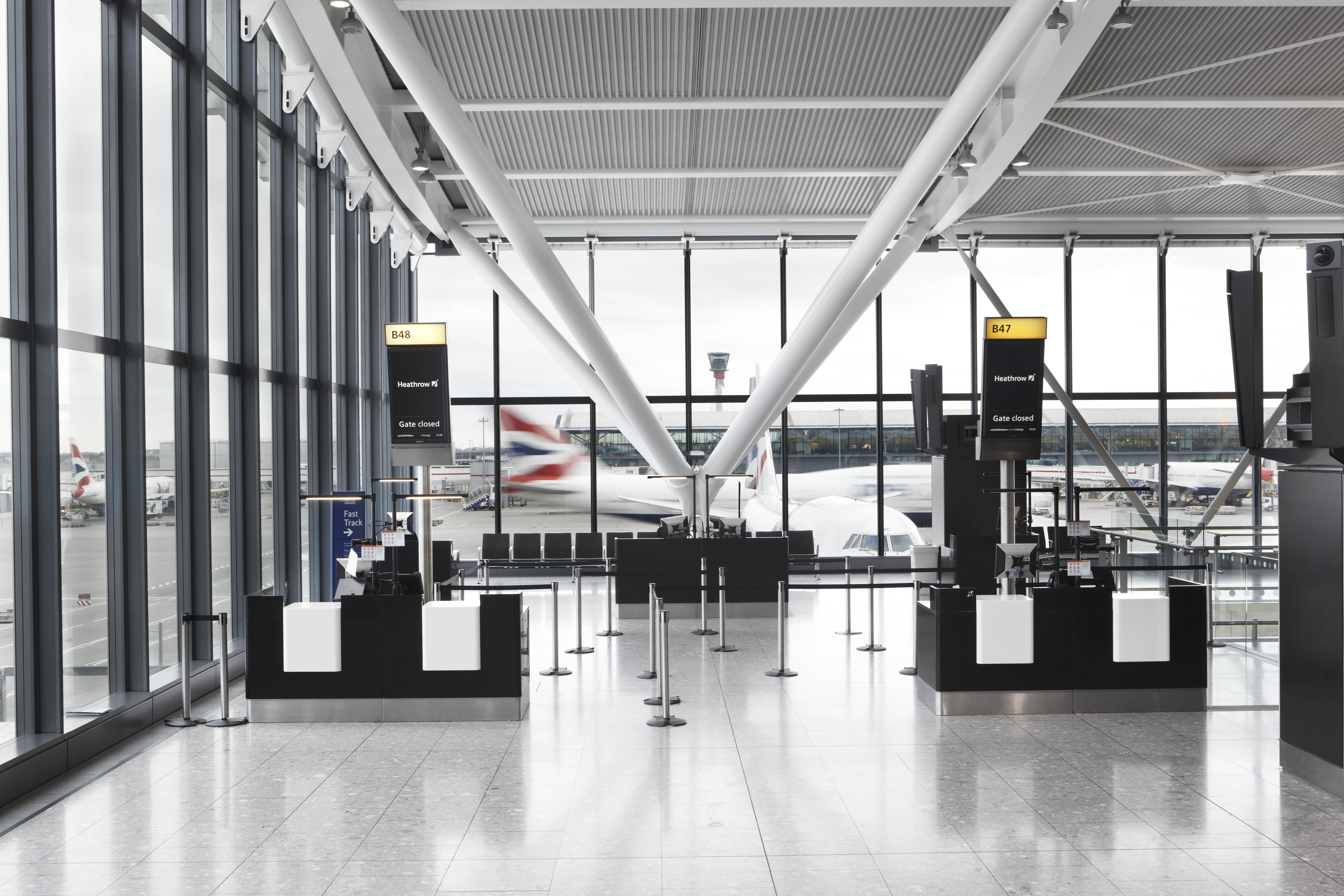 Heathroo Airport departures area with British Airways planes