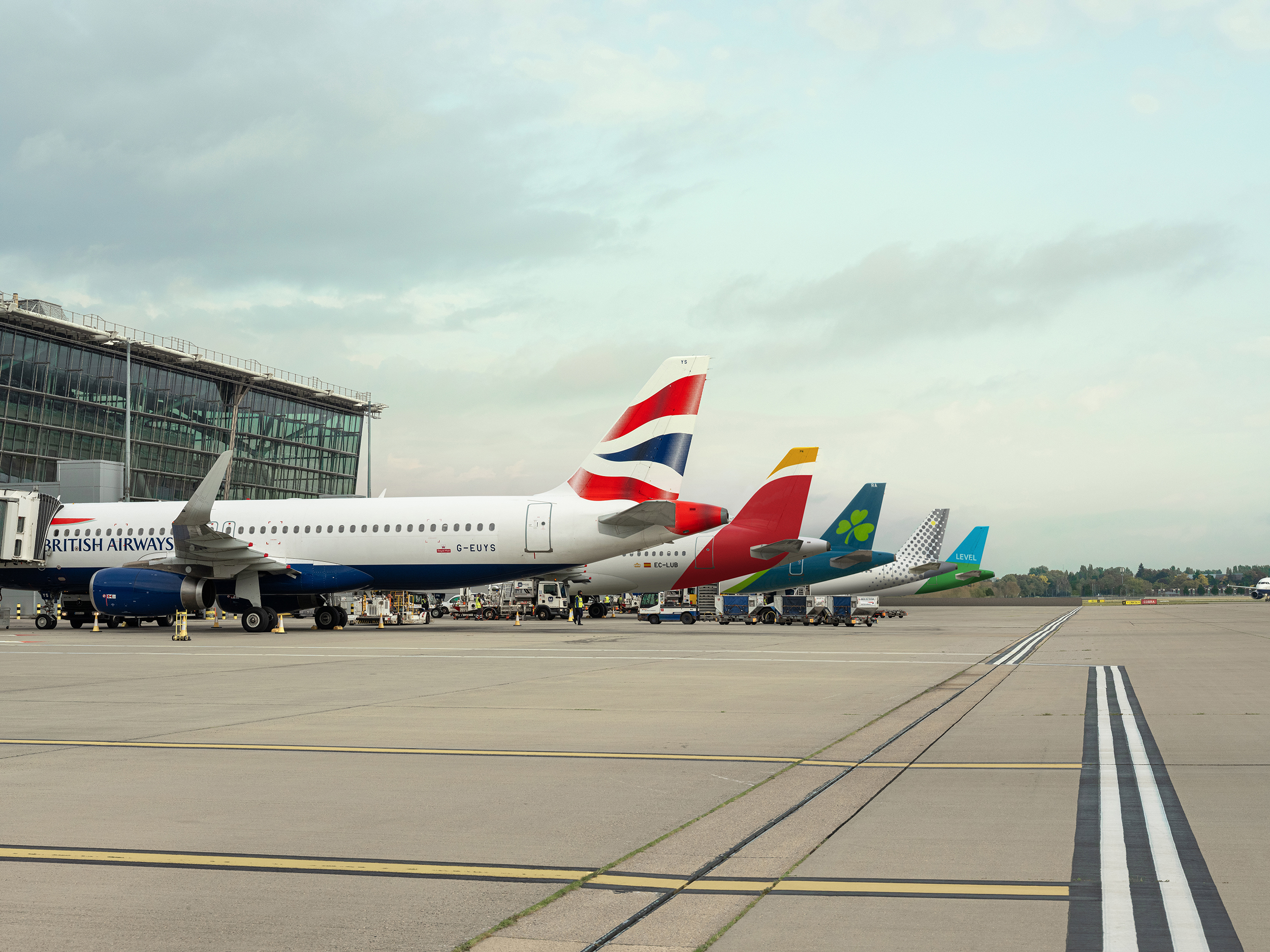 Tailfns showing British Airways. Iberia, Vueling, LEVEL and Aer Lingus